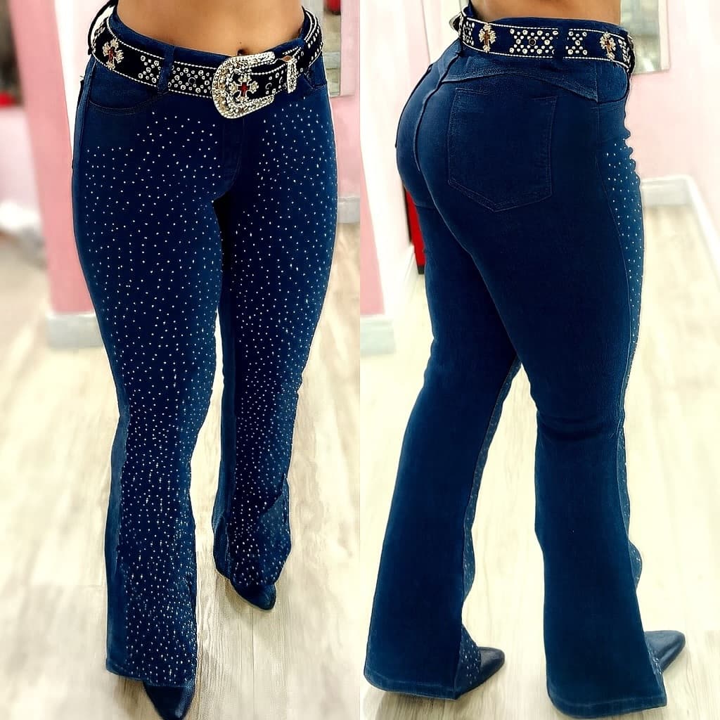 Calça Country Flare Jeans Feminina Pedrarias Escura Cintura Alta Modela Bumbum Brilhos Rodeio