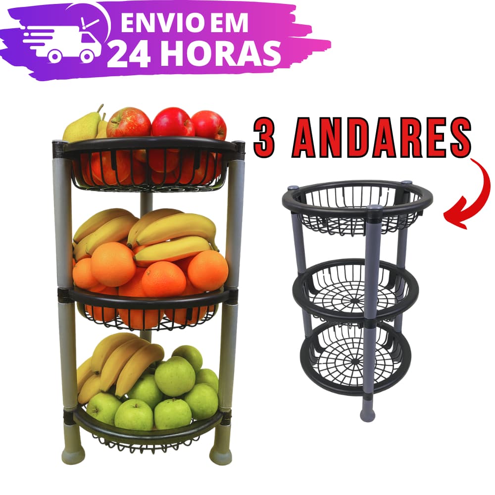 Fruteira 3 Andares REFORÇADA Redonda C/ Rodinha Multiuso Cesto Organizador de Chão