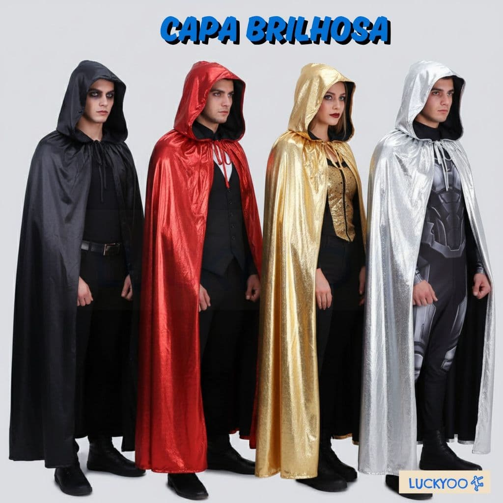 Capa Halloween com Capuz Adulto Luxo Brilhoso Bruxa Vampiro Drácula 145cm Unissex Festa Fantasia