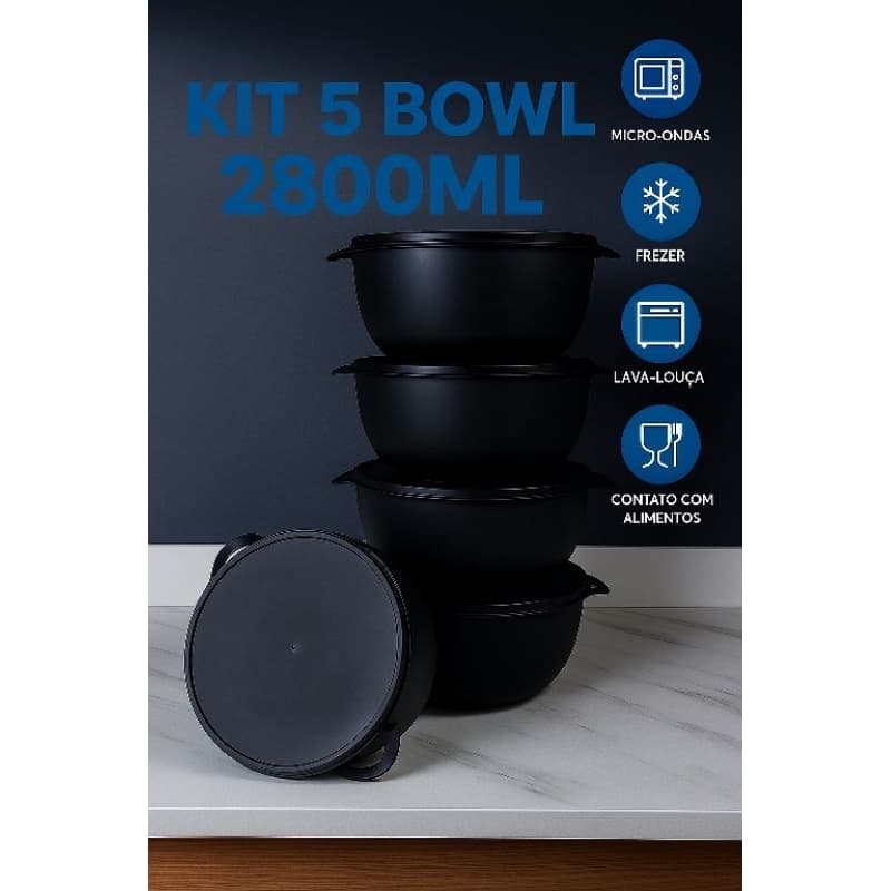 Kit 5 Potes Bowl 2,800ML Jogo Redondo Plastico Marmita Organizador Cozinha