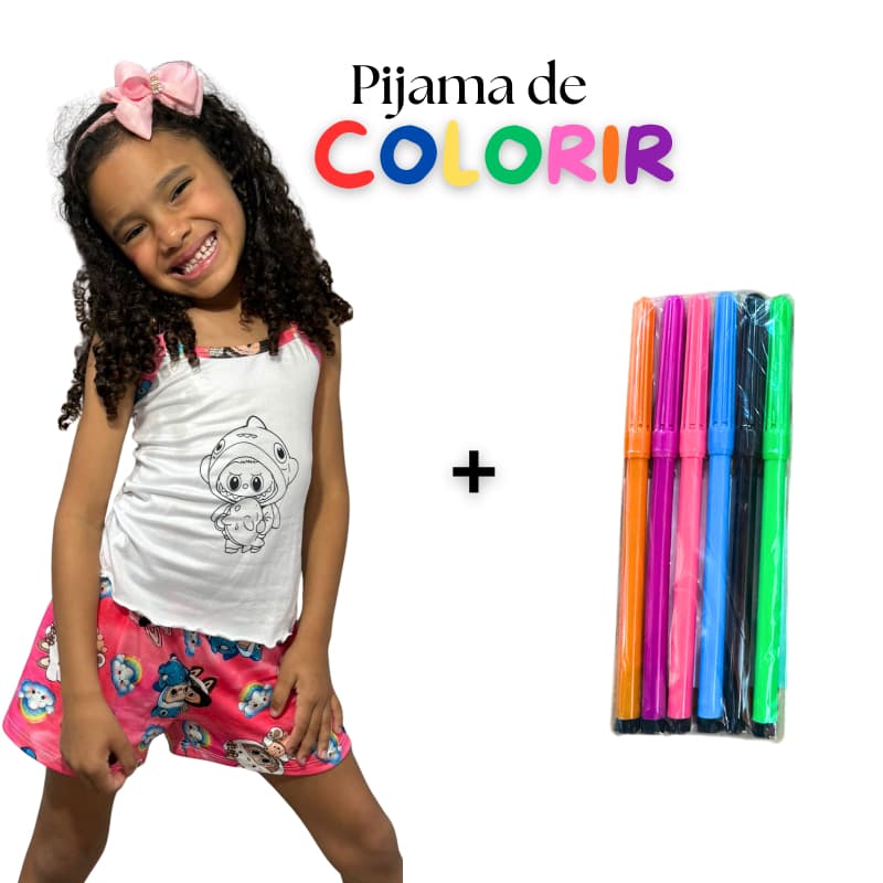 Pijama Infantil Estampa Para Pintar Colorir Canetinha Manga Curta Feminino Masculino Fantasia