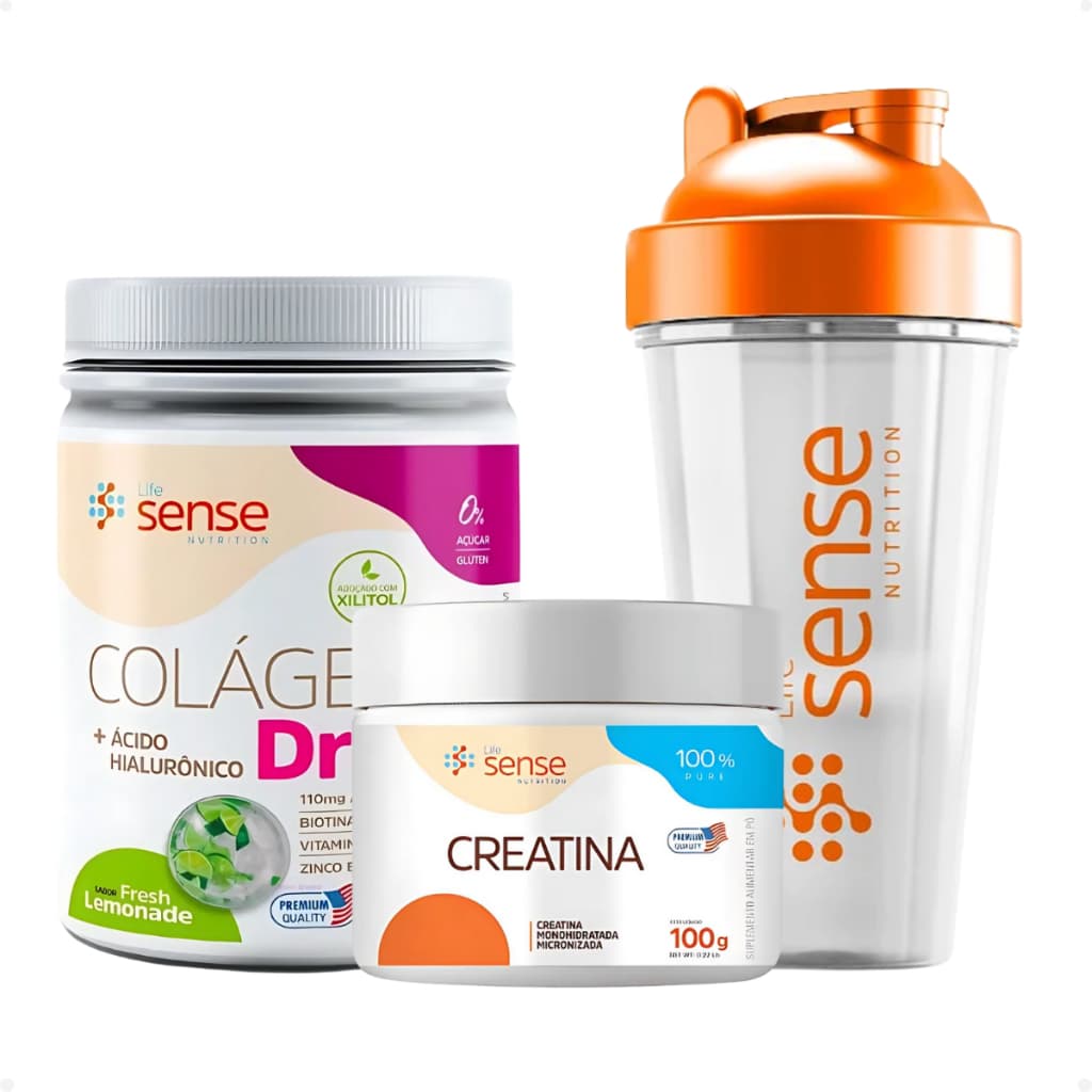 Kit 1 Colágeno Drink 300g com Ácido Hialurônico + Creatina pura100g + Coqueteleira 600ml - Life Sense Nutrition