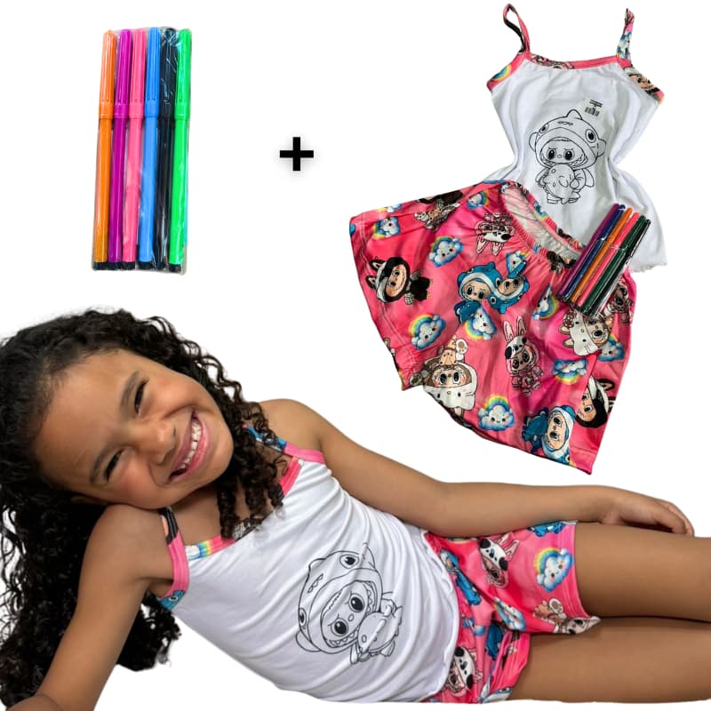 Pijama Infantil para Colorir Manga Curta Com Canetinha Pintar Desenhos Feminino Masculino Fantasia