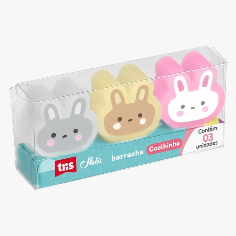 Borracha Coelhinho Tris Holic - Kit 3 Unidades Papelaria Fofa Criativa