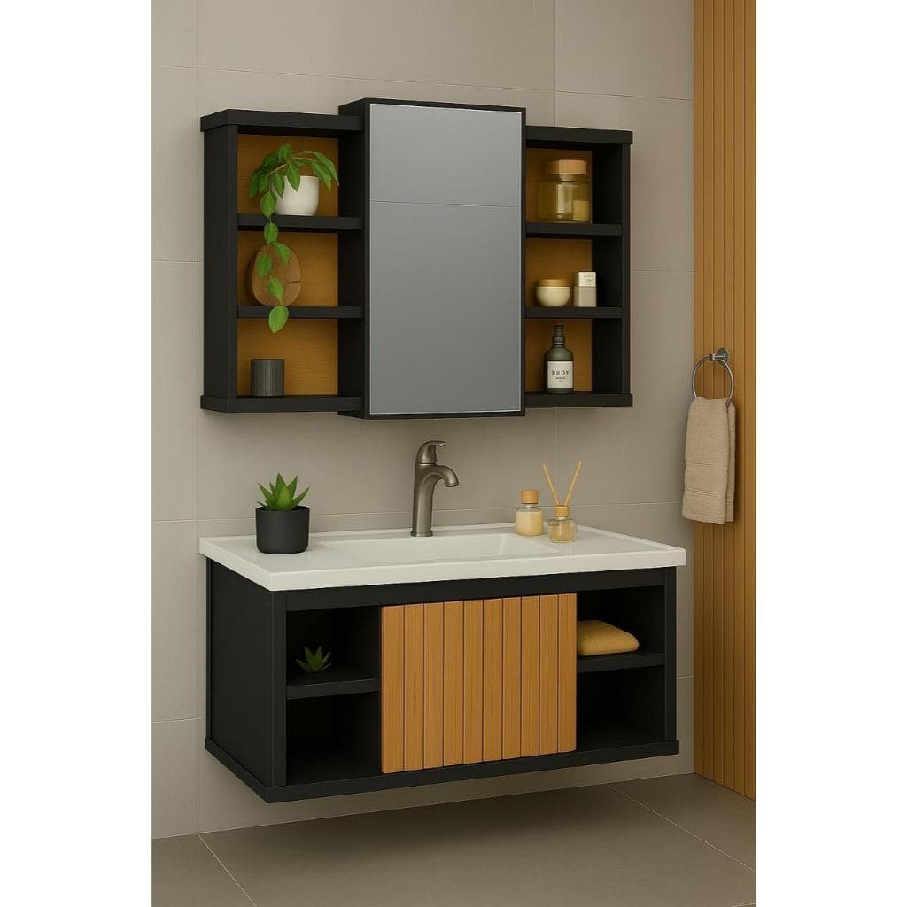 Conjunto Gabinete Cuba Espelheira Completo Com Porta Nichos E Espelho