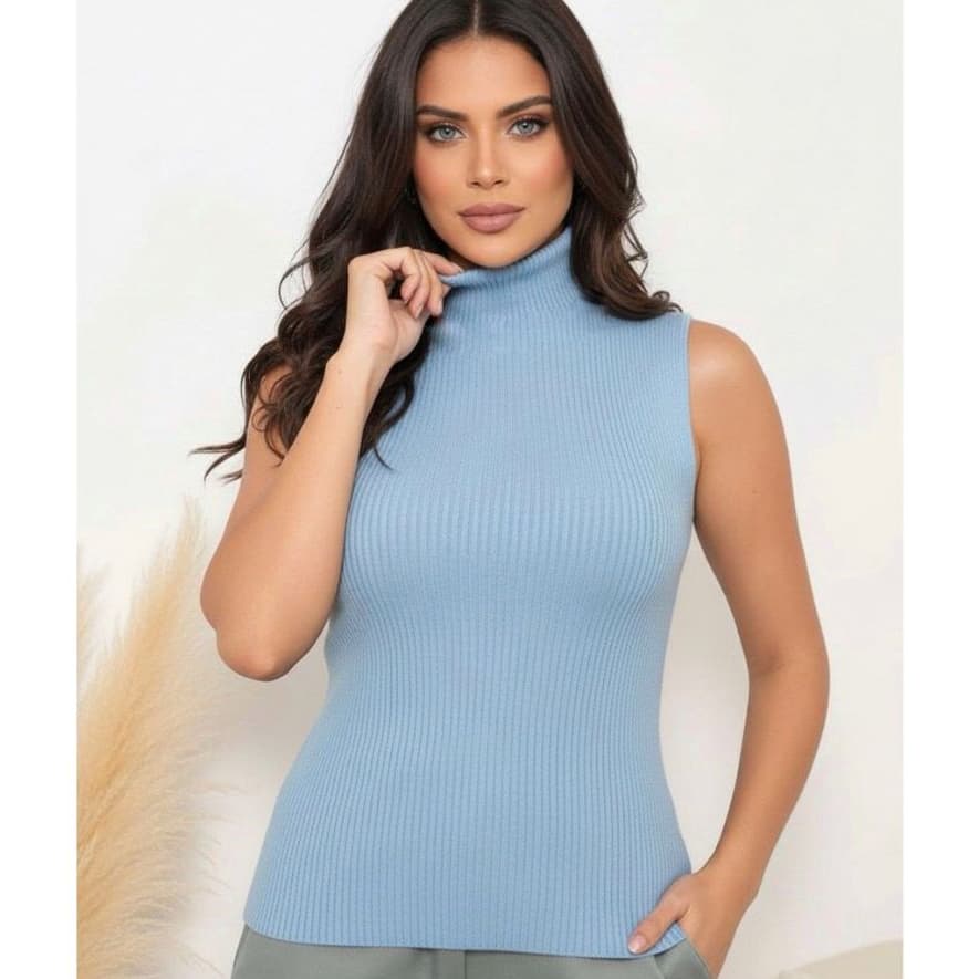 Blusinha Garrafinha Trico Sem Manga Blusa Blogueira Feminina Meia Gola Qualidade Tendencia Moda