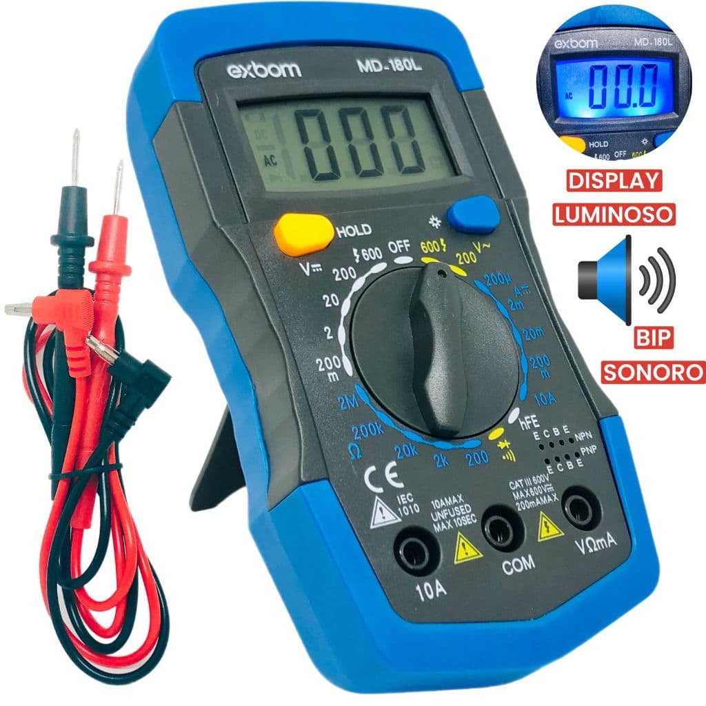 Multímetro Digital Automotivo com Iluminação Bip Profissional Portátil Exbom MD180L