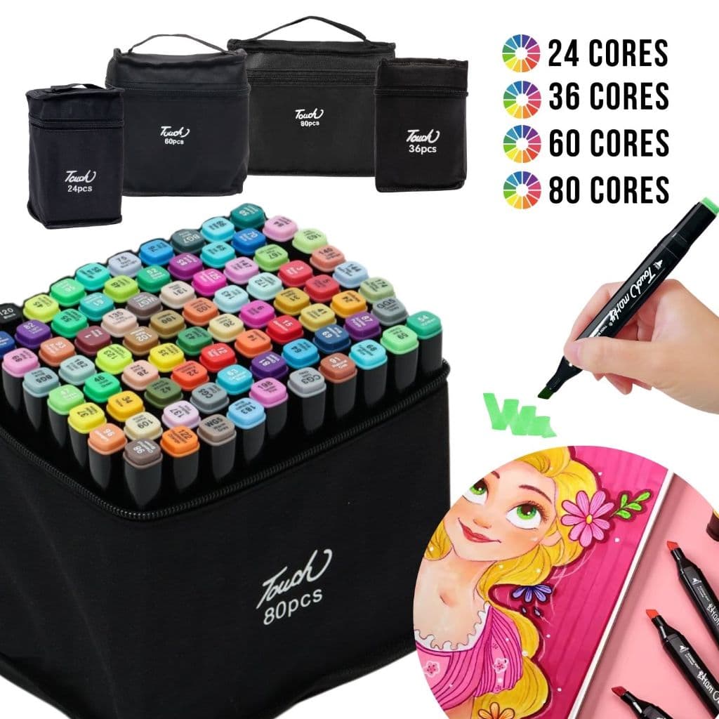 Kit 24/36/60/80 Estojo de Canetinhas Coloridas Ponta Dupla C/ Bolsa Marcador Caneta Touch Pintura