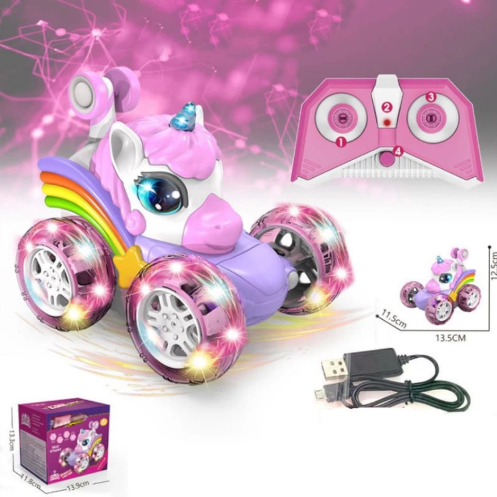 Carro Unicórnio USB Acrobático Brinquedo com Luz e Giro 360º