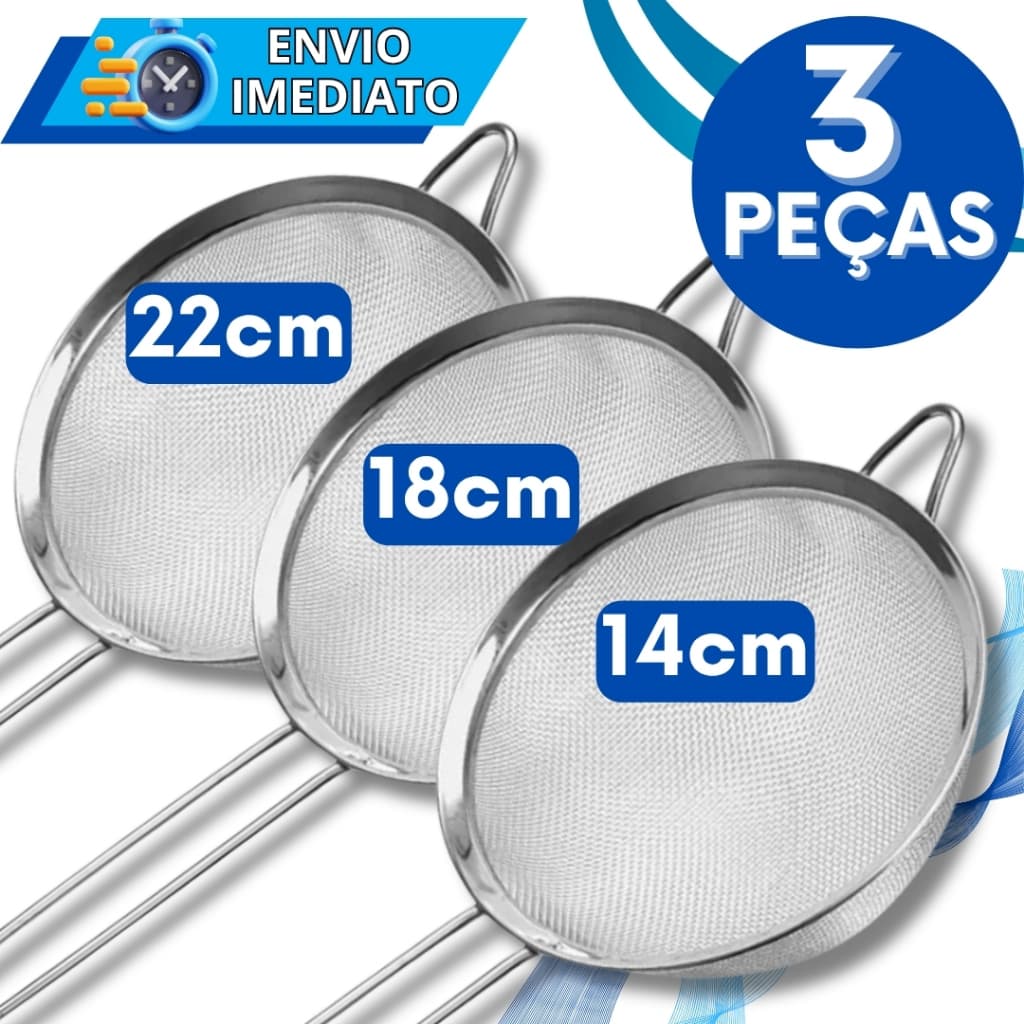 KIT Jogo 3 Peneira Coador de Aço Inox 22cm 18cm 14cm para Cozinha Casa Restaurante Doceria Oleo Farinha Tapioca