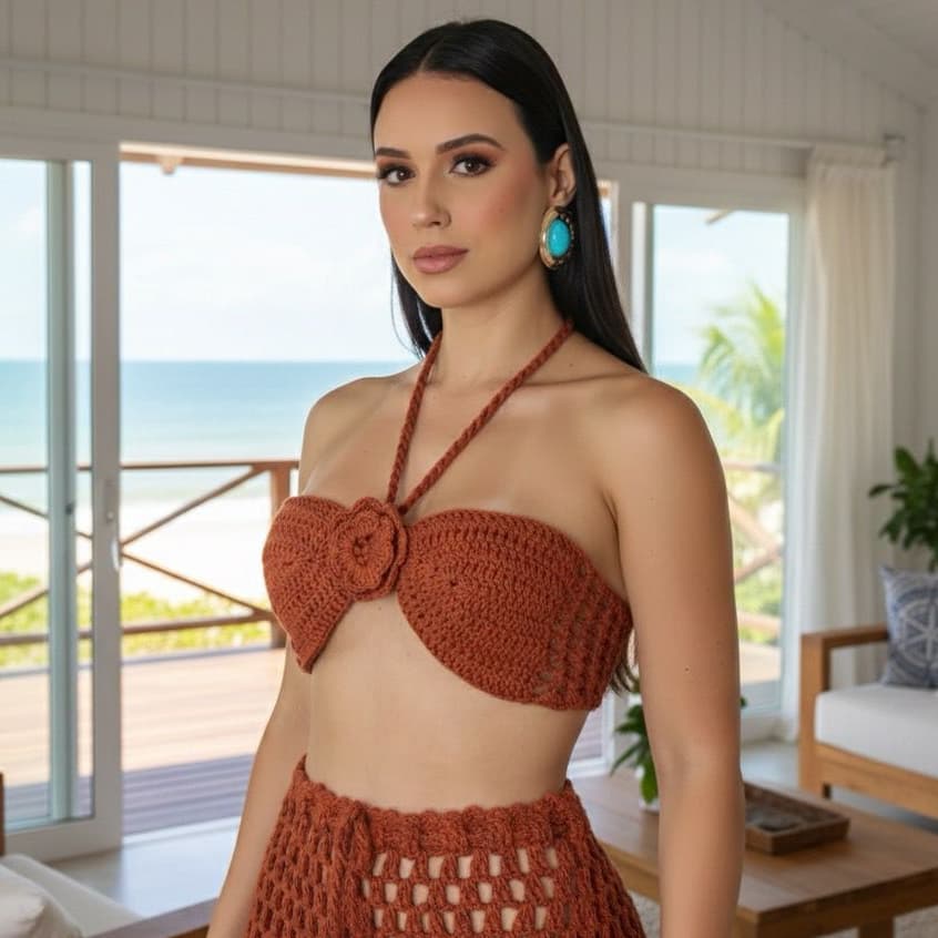 Top Crochê Detalhado de Flor Faixa Verão Sutiã Com Amarração Saída de Praia Feminino Biquíni 2025