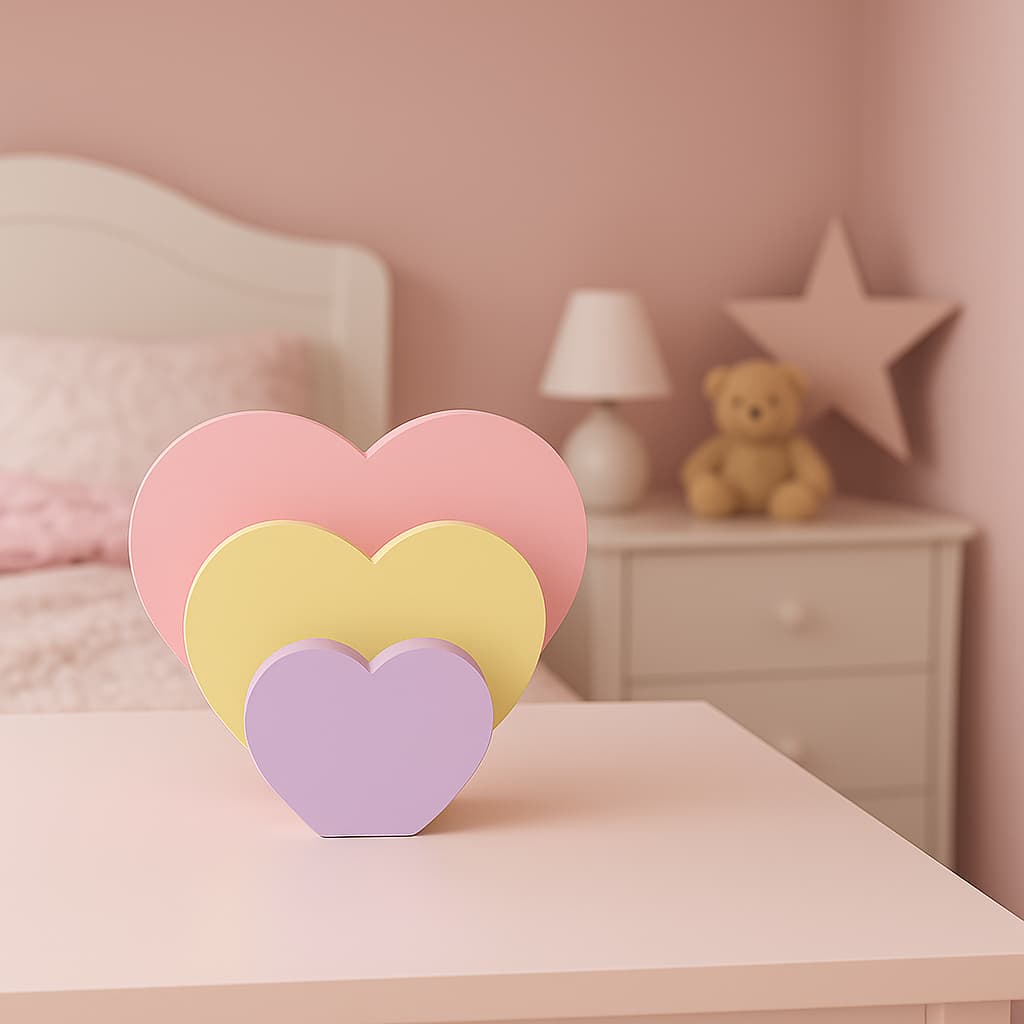 Enfeite Decorativo Trio Coração Em Madeira Mdf Quarto Infantil Bebê Para Prateleira Mesa