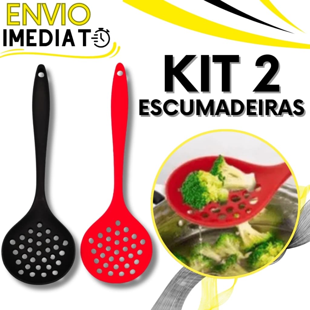 KIT Jogo 2 Escumadeira em Silicone Colher Gourmet GRANDE Resistente Para Casa Cozinha Restaurante Utensilio de Silicone