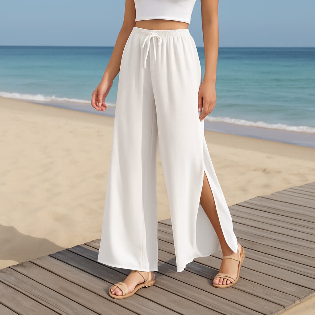 Calça Pantalona Feminina Viscose com Abertura Lateral Cintura Alta Forro Interno e Bolsos Elegante