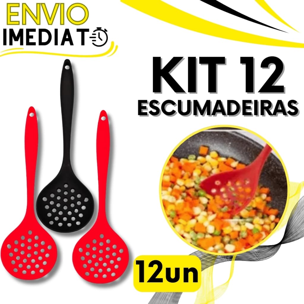 KIT Jogo 12 Escumadeira em Silicone Colher Gourmet GRANDE Resistente Para Casa Cozinha Restaurante Utensilio de Silicone