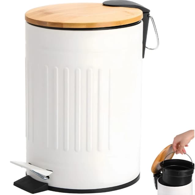 Lixeira inox 5 litro Com Tampa De Bambu Pedal Banheiro Com Alça Cesto Removível Cozinha Escritório