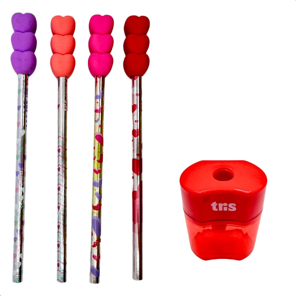 Kit Escolar 4 Lápis Borracha Ponteira De Coração + Apontador Vermelho Com Depósito Kit Escolar Fofo