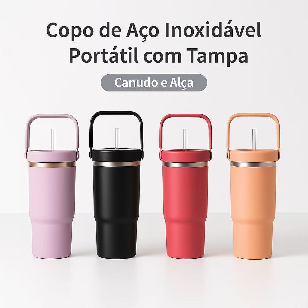 Garrafa Térmica 900ml 1000ml Inox Isolamento Alça Flip Paracord Canudo Academia Trabalho Caminhada Café