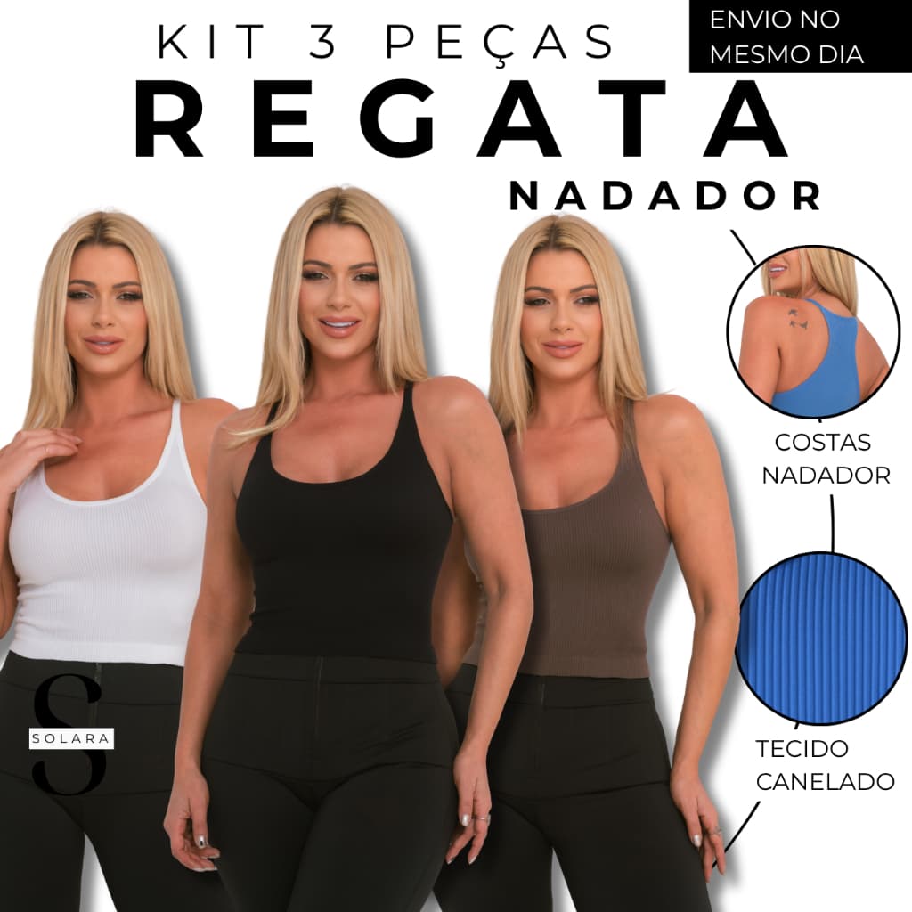 KIT 03 Regata Nadadora Poliamida Premium Feminina Canelada Sem Transparencia Academia Casual Fitness Dia a Dia