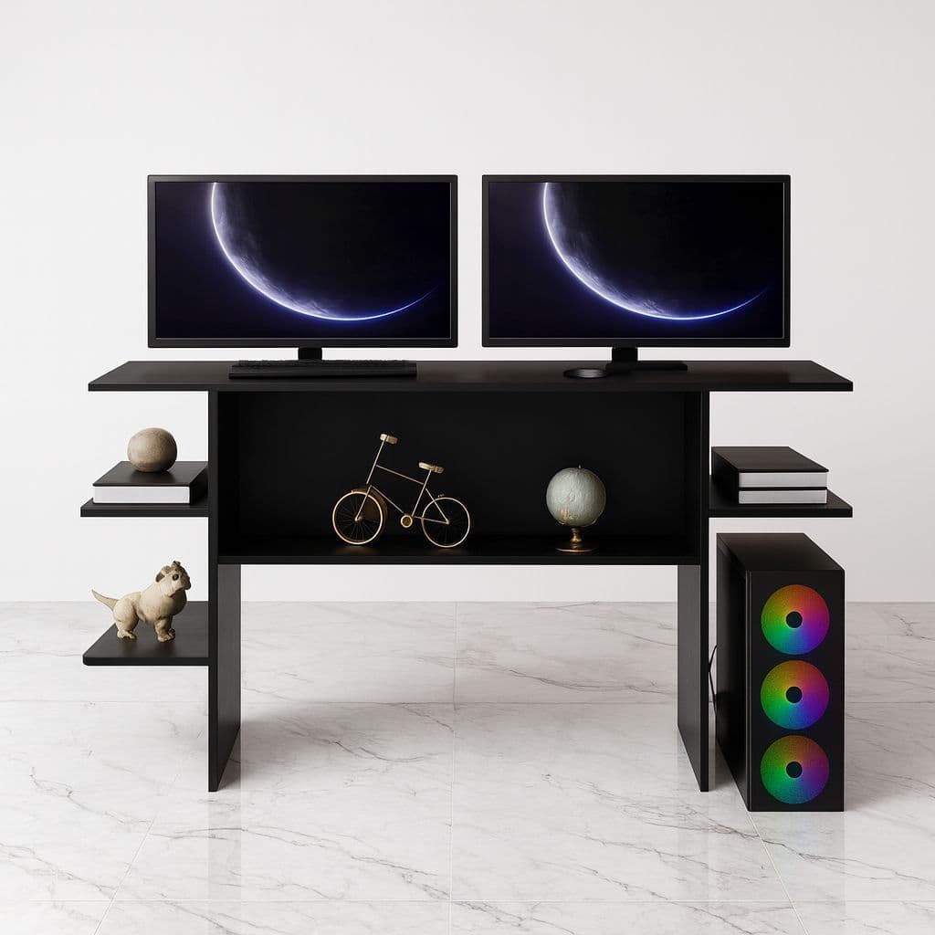Escrivaninha Mesa para Computador Gamer com Nichos Quarto Estudo Escritório Home Office - Cor Preto