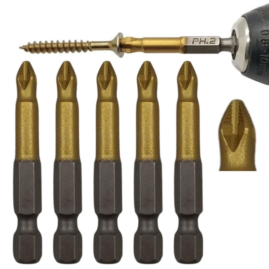Ponta Bits PH2 50mm Titânio Kit 5 peças Philips 1/4 Ponteira Magnética Parafusadera Festrong