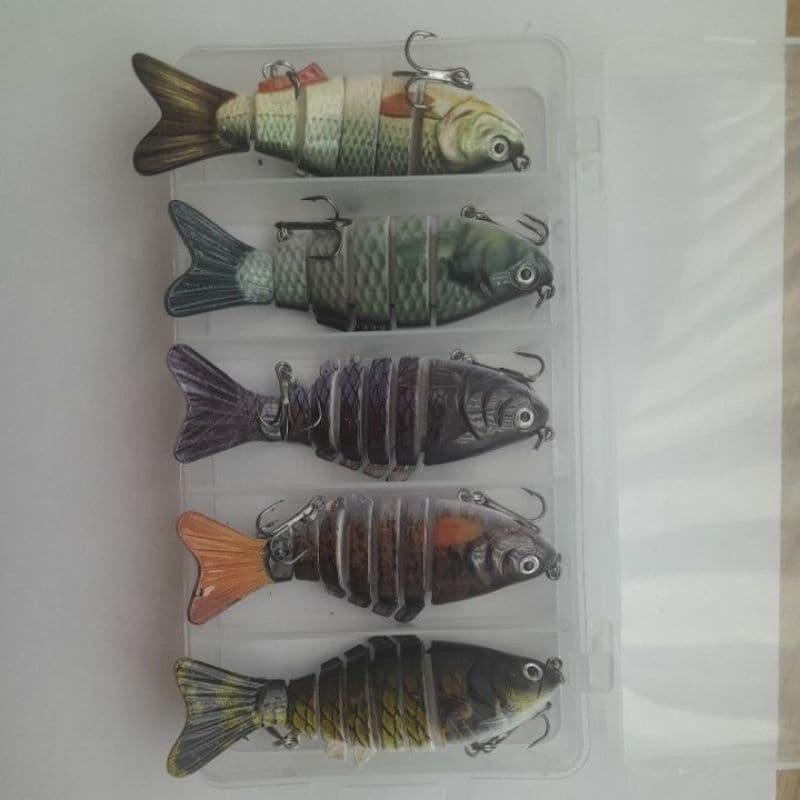 kit 5 iscas artificiais lambari articulado 6 segmentos 10cm com caixa de iscas