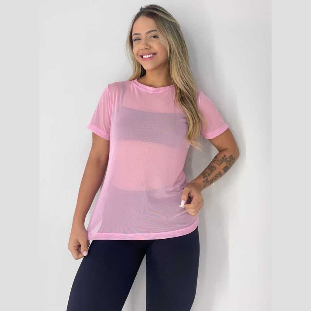 Blusa feminina tule academia transparente esporte lisa