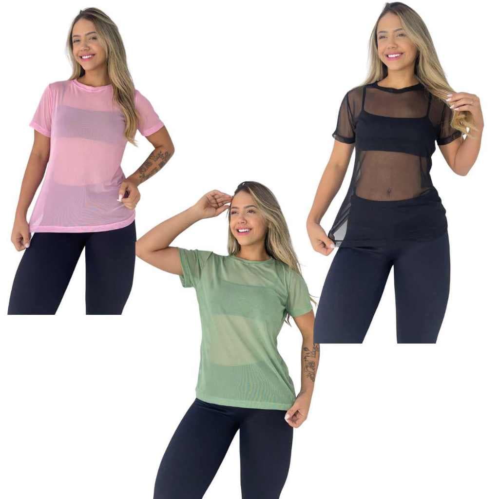 Kit 3 blusas no tule academia feminina transparente esporte