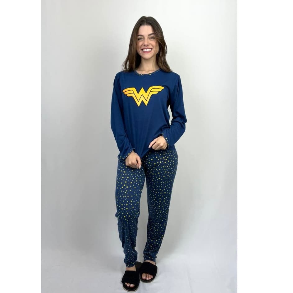 Pijama Longo Personagens Feminino Adulto Manga Comprida Frio Inverno