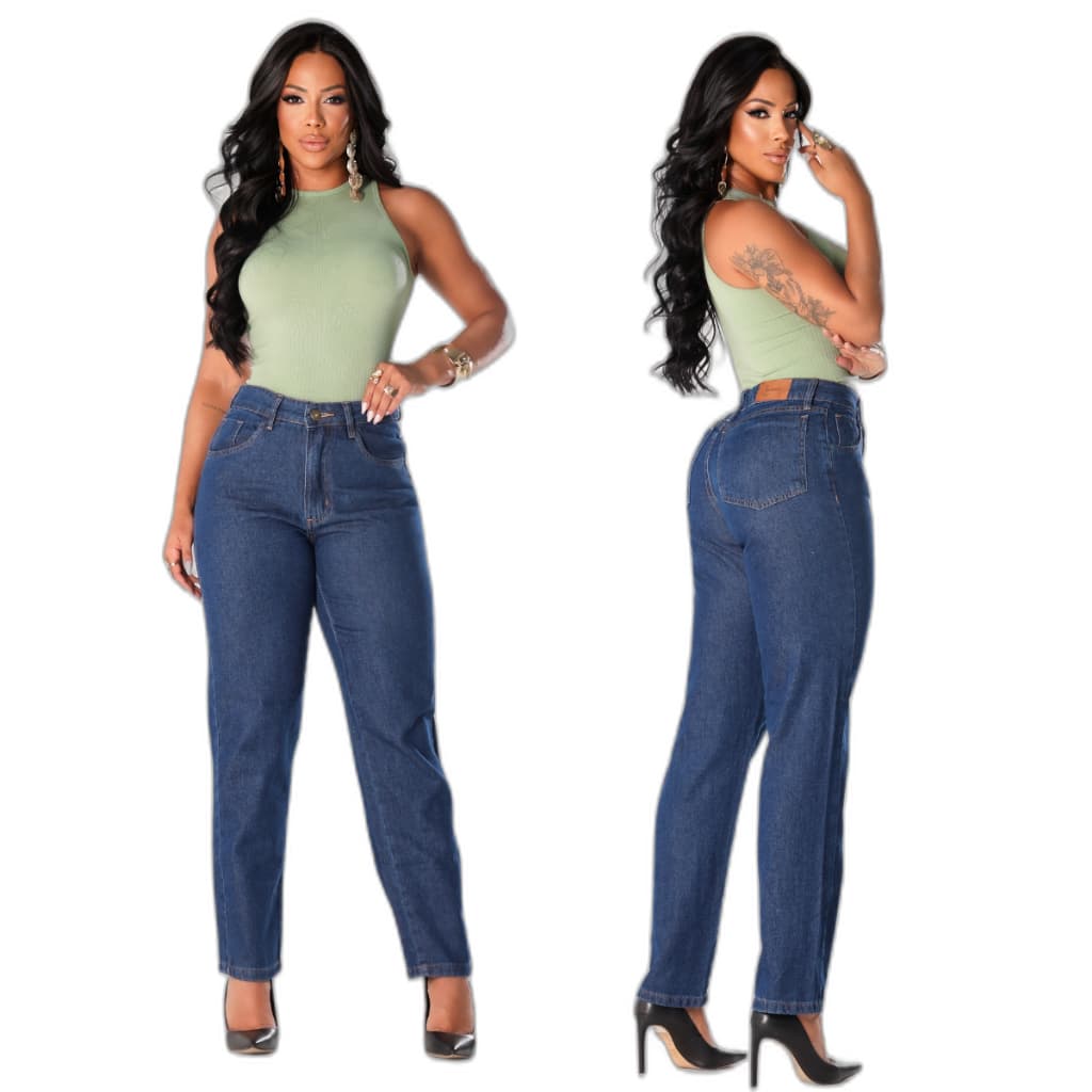 calça mon feminina escura cintura alta lisa reta 100% algodão premium jeans