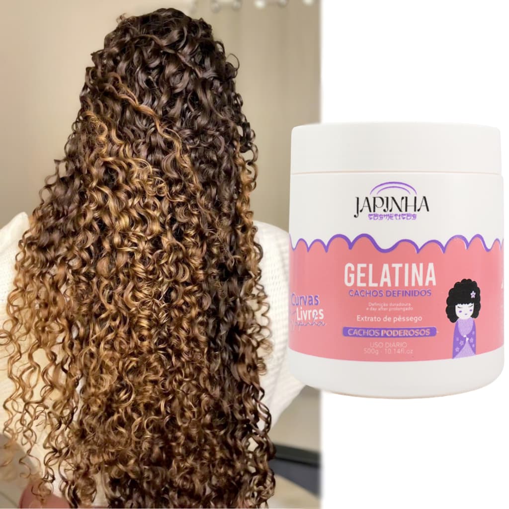 Gelatina Japinha Extrato de Pêssego 500g | Cachos Definidos, Controle do Frizz e Brilho Intenso 💝