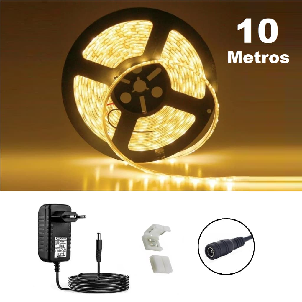 10 Metros Fita LED Branco Quente ou Neutro ou Frio + Fonte Bivolt _ 600 LEDs 3528 IP20  c/5M+5M