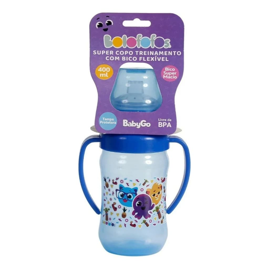 Copo Transição Bolofofos Infantil 400ml C/alça Azul