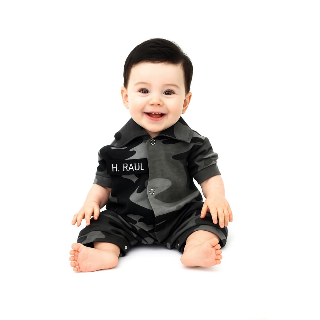 Roupinha de Bebê Macacão Camuflado Personalizado Mesversário