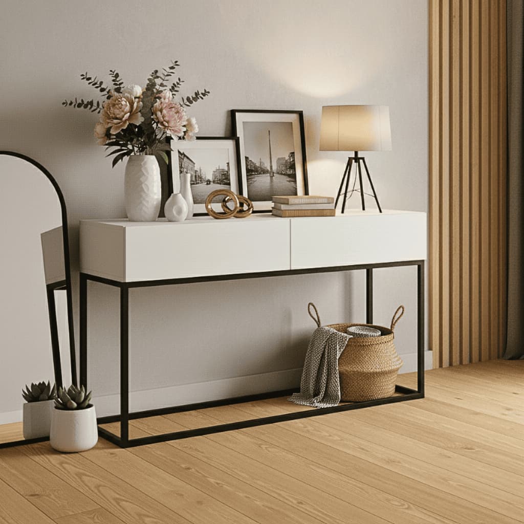 Aparador Eros 110 cm Moderno Estilo Industrial Pés de Ferro Preto Para Sala Com 2 Amplas Gavetas