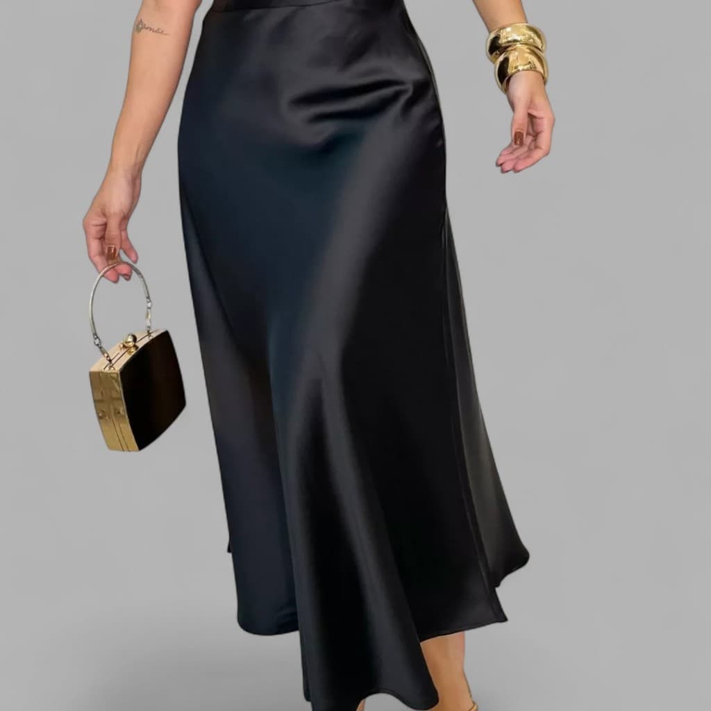 Saia Feminina de Cetim Midi Longa Elegante Cintura Alta Moda Evangélica