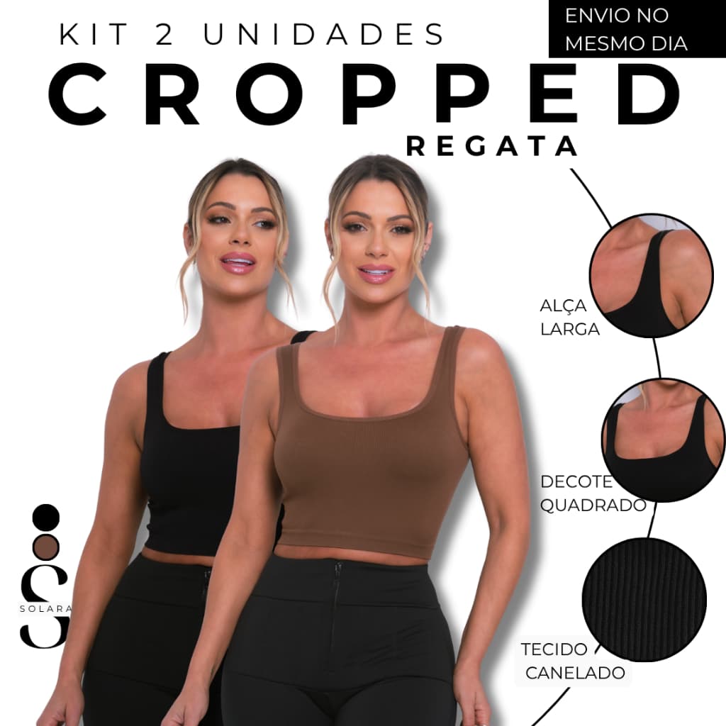 KIT 02 Regata Cropped Alça Grossa Poliamida Canelado Premium Top Uso Casual Academia Esportivo Fitness
