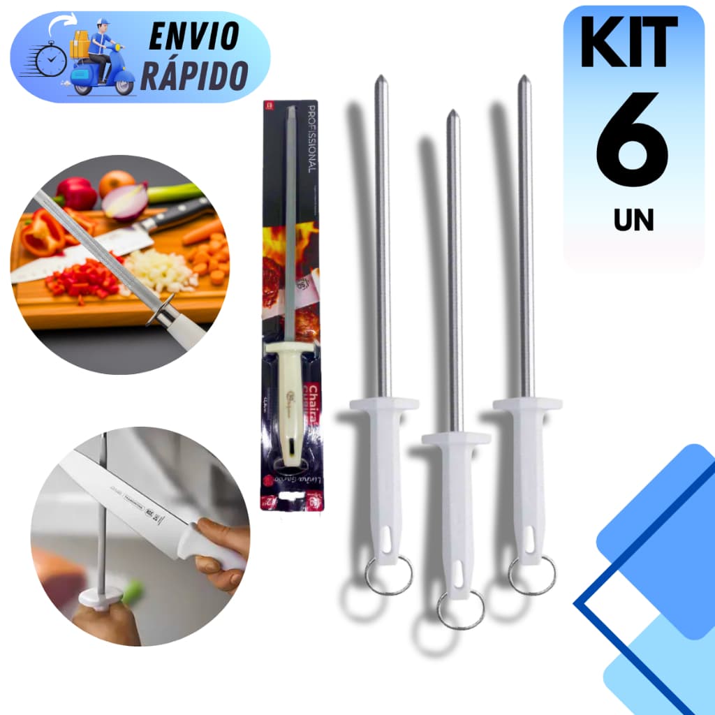 KIT 6 AFIADOR DE FACA CHAIRA DE AÇO INOX  SQ CABO ERGONOMICO PROFISSIONAL AMOLADOR DE FACAS SUPER AFIADO