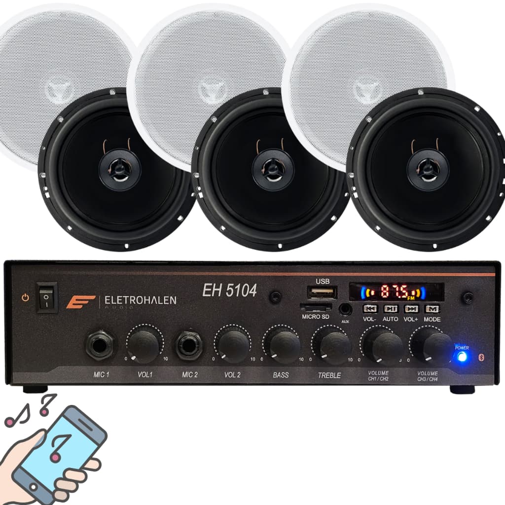 Kit Som Ambiente Bluetooth 2 Zonas + 6 Caixas De Som Coaxial Sistema de Som Receiver Central