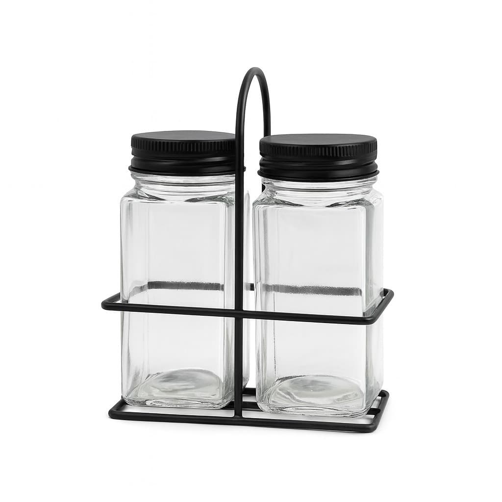 Kit 2 Potes de Vidro com Tampa Preta e Suporte Metálico Porta Temperos