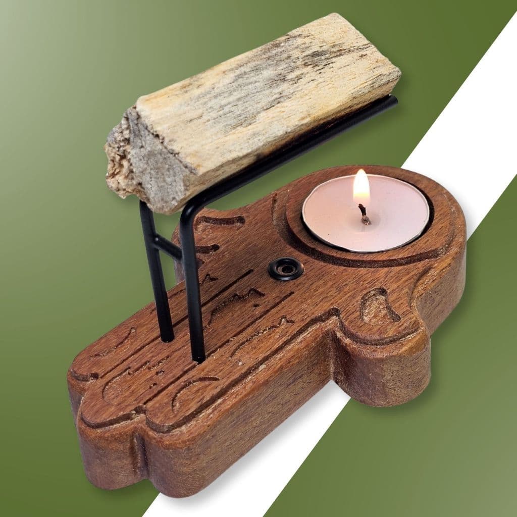 Incensário Palo Santo 10Velas 50g Mão de Fátima Pau Santo Suporte Queimador Descarrego Energia HAMSÁ