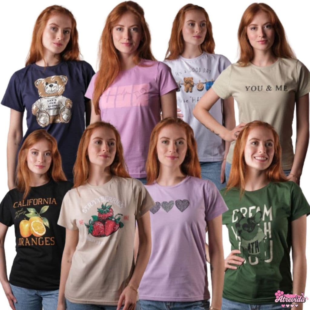 Kit 8 Blusas Femininas Estilosa T-shirt Manga Curta Gola Redonda Radiosa em Malha Premium Dia a Dia