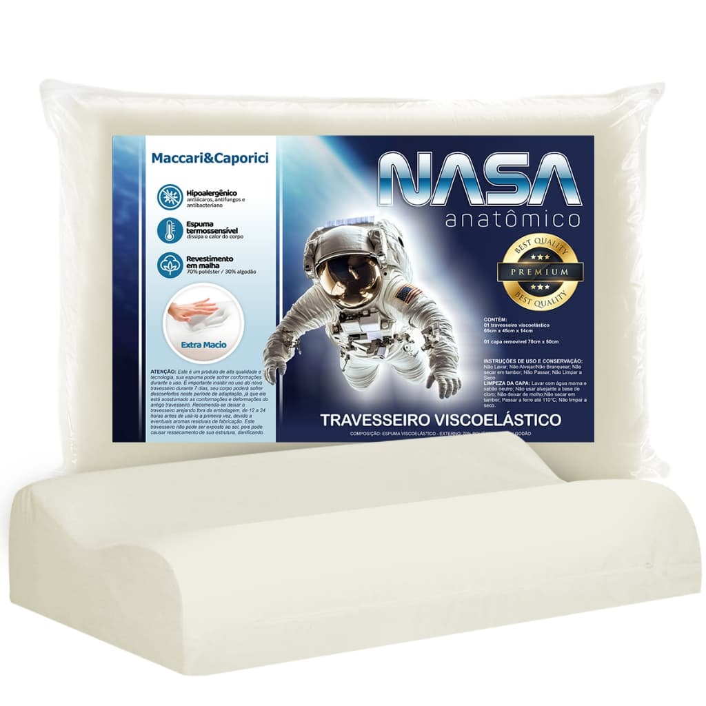 Kit Travesseiros Nasa Cervical Anatômico Ortopédico 50cmx70cm 14cm de Altura 100% Viscoelástico