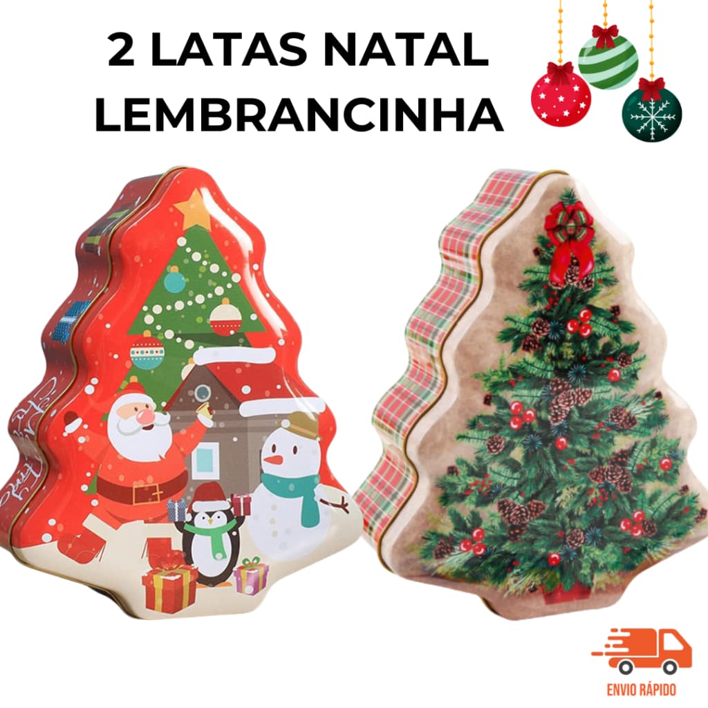 Kit 2 Latas Natalinas Árvore Decorada Presente para Doces Bombons Lembrancinha Decoração de Natal