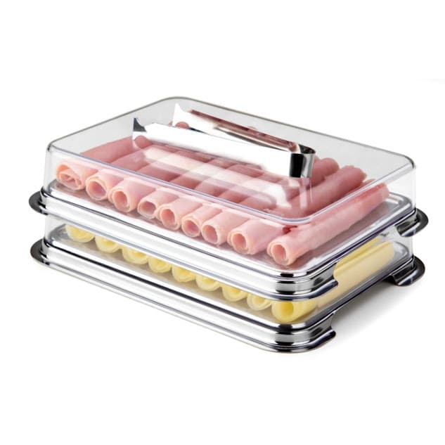 Conjunto Porta Frios Duplo Inox Empilhavel Pinça Cozinha Preserva Conserva Alimento Queijo Presunto
