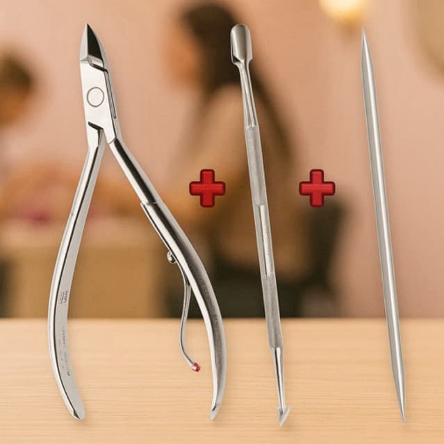 Alicate de cutícula+ espátula+ palito. kit manicure 3 peças