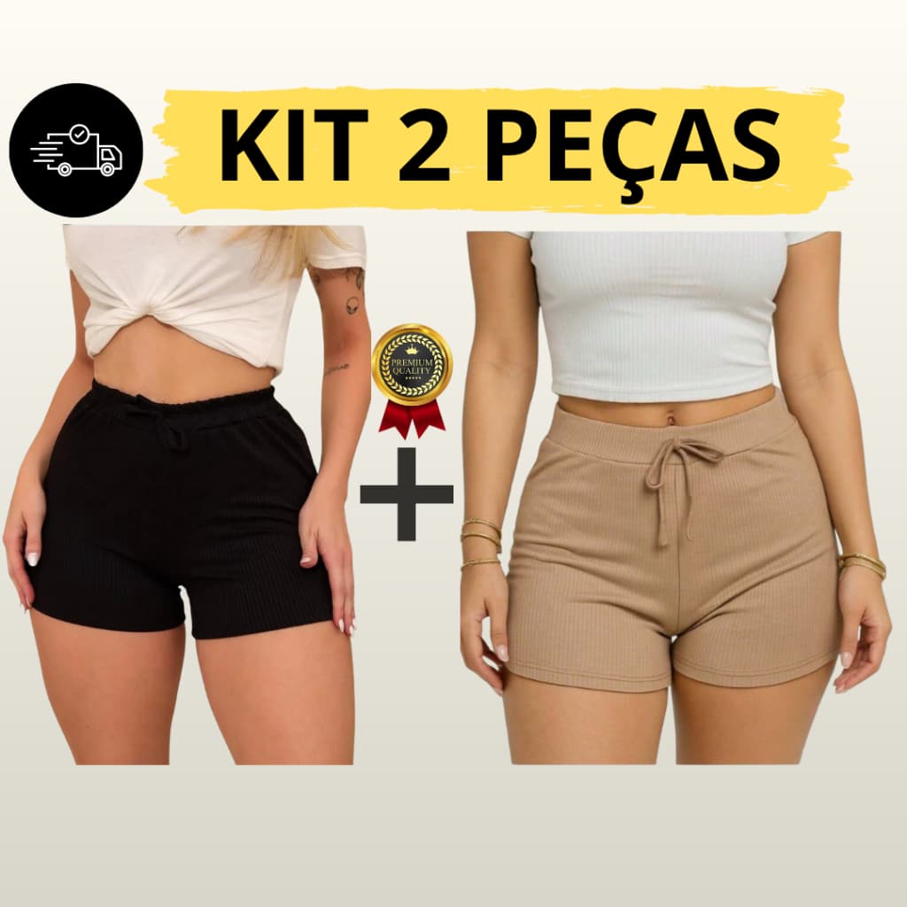 Kit 2 Shorts Canelado Básico Moda Feminina Tendência