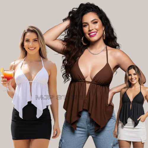 Top blusa cortininha bata cropped malibu feminina tendência boho moda gringa blogueira frente única
