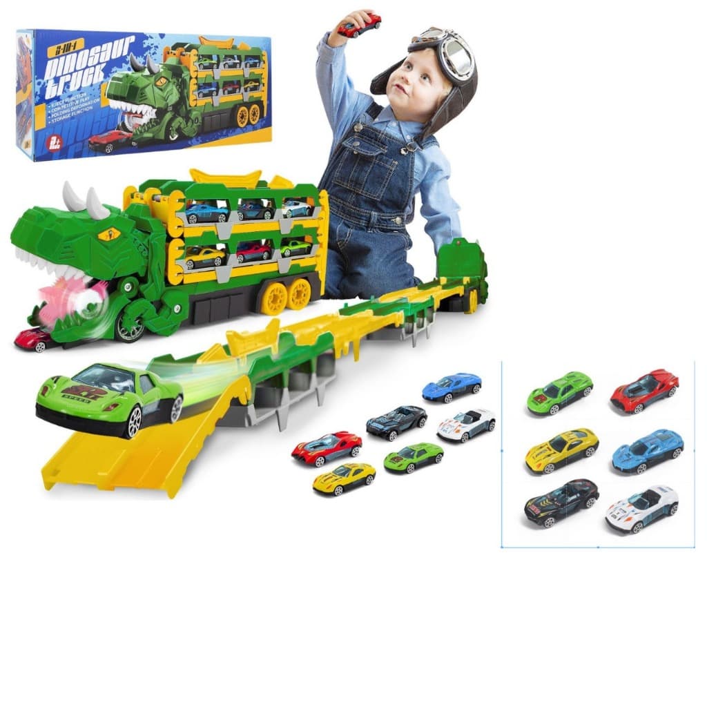 Caminhão Dinossauro Engolidor de Carrinhos Verde - Acompanha Kit com 6 Carrinhos