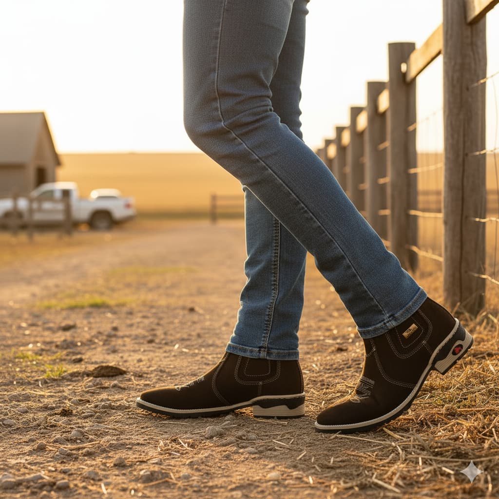 Bota Texana em Couro Nobuk solado e salto costurado RC Botina Texana